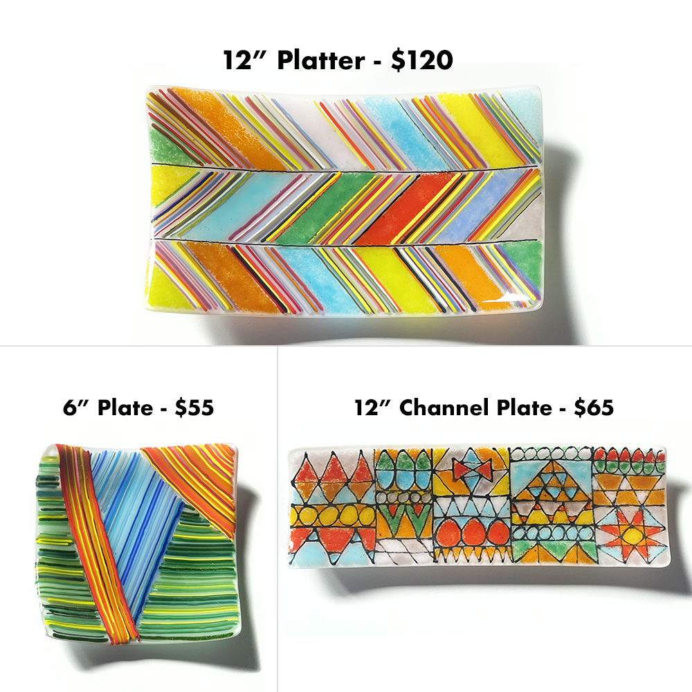 Grid showing: 12 inch rectangle platter for $90, 6 inch square plate for $55, and 12 inch channel plate for $65. They are all decorated with zig-zag shapes and colorful diagonal stripes.