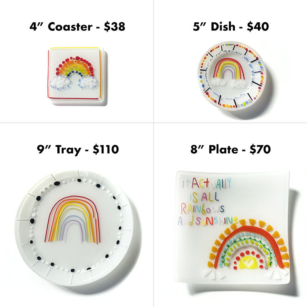 Grid showing: 4 inch square coaster for $38, 5 inch round dish for $40, 9 inch round plate for $75, and 8 inch Square Plate for $68